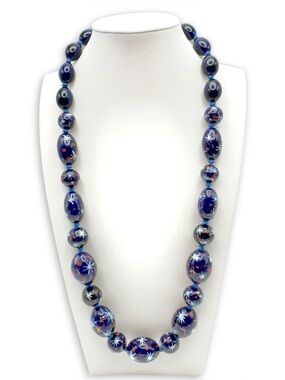 Vintage Hand Painted & Knotted Porcelain or Art Glass Bead Necklace